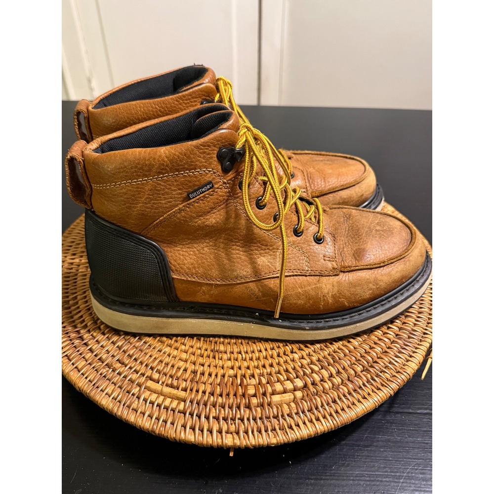 Duluth Trading Co Spike Moc Toe Boots Mens Brown Leather Waterproof Vibram Sole